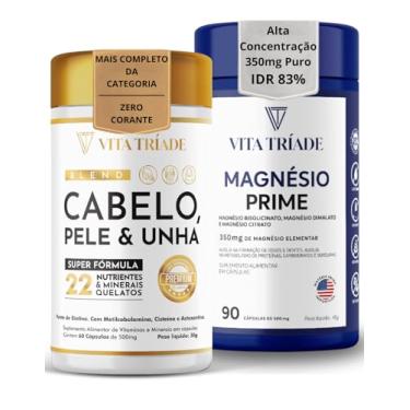 Imagem de Biotina Vitamina Para Cabelo E Unha Com Cisteína Astaxantina - 22 Nutrientes 60 Cápsulas + Magnésio Concentrado 350mg 90 cápsulas - Vita Tríade