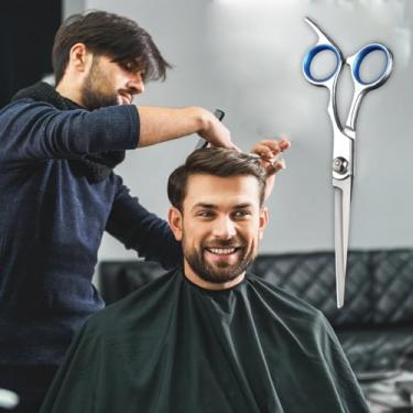 Imagem de Tesoura de cabelo liso de 15 cm, tesoura profissional de corte de cabelo de barbeiro com parafuso azul e anéis de dedo azuis para salão de beleza e uso doméstico