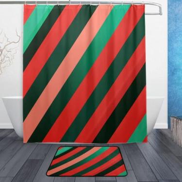 Imagem de xigua Conjuntos de tapetes de cortina de banho listrados diagonais verdes e vermelhos, 2 peças, conjunto temático de banheiro (152 x 182 cm) com cortina de chuveiro e tapete antiderrapante -12