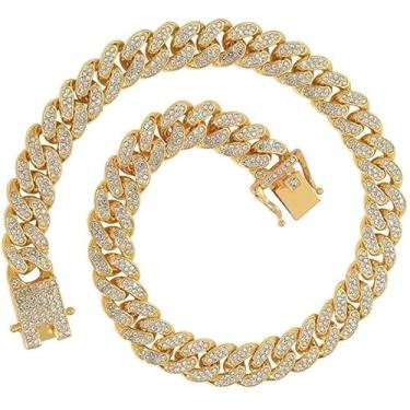 Imagem de Colar de ouro masculino, joia de corrente cubana, colares, liga de diamante completa estilo hip-hop, adequado para homens e mulheres, acessórios de colar, presentes, 24in, Ouro, Sem Pedra Preciosa