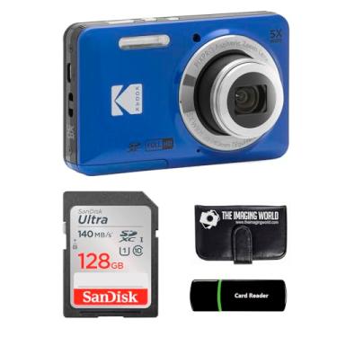 Imagem de Câmera digital Kodak PIXPRO FZ55 azul de 16 MP, zoom óptico de 5x, ângulo amplo de 28 mm, 1080p, câmera LCD Full HD de 2,7 polegadas + cartão e leitor de 128 GB + carteira de memória