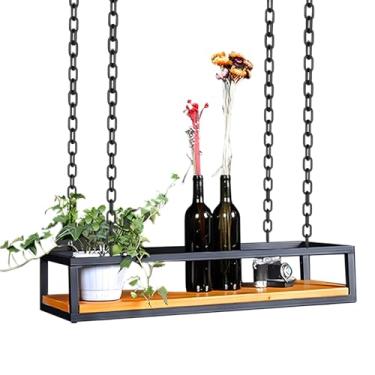 Imagem de Prateleira de armazenamento de teto industrial - Suporte de garrafa de vinho suspenso e prateleiras de plantas flutuantes com corrente de ferro, moldura de metal - Rack de exibição decorativo para