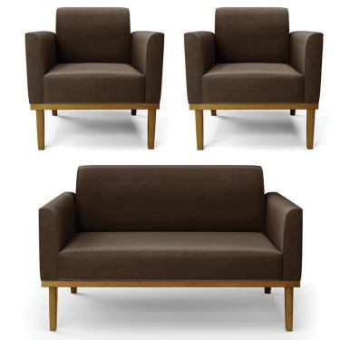 Imagem de Sofá Namoradeira E 2 Poltronas Base Madeira Castanho Maressa Suede Marrom - Ibiza