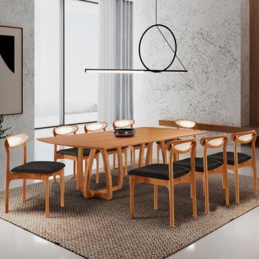 Imagem de Sala De Jantar Mesa Flora Tampo Laminado Barril 8 Cadeiras Linho Preto/imbuia Nat/cinam. Imbuia