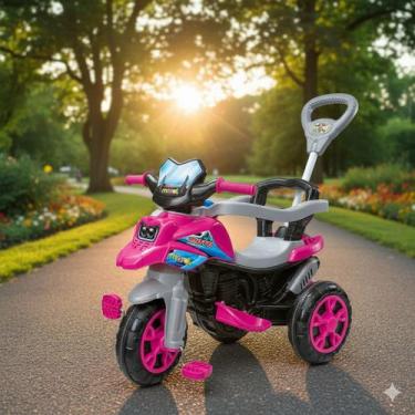 Imagem de Triciclo Infantil Moto com Pedal e Haste Divertido Menino Menina Azul 