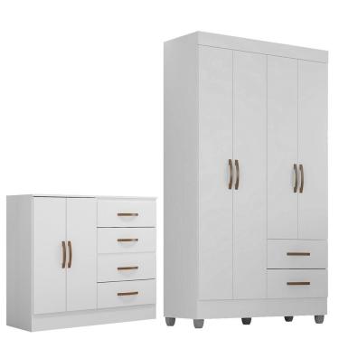Imagem de Kit Guarda Roupa Solteiro e Cômoda Sapateira Lisa 4 Portas de Bater 4 Gavetas com Prateleiras em MDP Branco