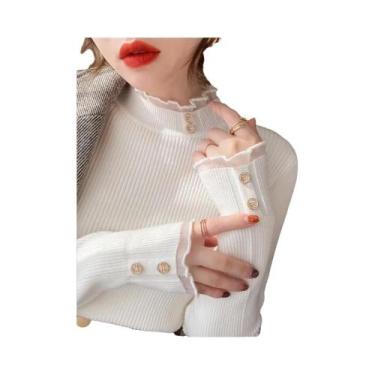 Imagem de Suéter Feminino Slim Fit De Tricô Com Gola O E Botões, Pulôver Sólido 