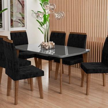 Imagem de Mesa de Jantar Jade 6 Lugares Tampo de 1,70 em Mdf com Vidro Grafite e Pés em Madeira Maciça Grafite