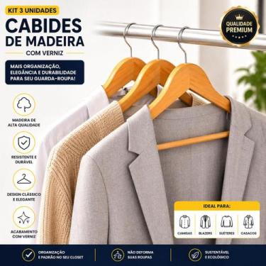 Imagem de Kit 3 Unidades Cabides De Madeira com Verniz, resistente , organizado,