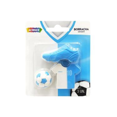 Imagem de Borracha Acrilex Borracha Futebol C 3 Unidades Apaga sem Danificar o Papel Formato Bola para Estudantes Branco e Azul