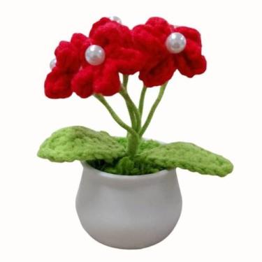 Imagem de Flor Decorativa Fio de Crochê com Vaso Plástico 10cm Artesanal Pérolas