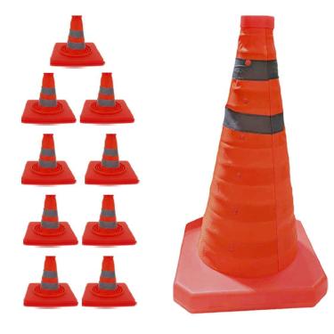 Imagem de Kit 9 Cones Retráteis Portáteis SU-CONE1-1 Flexíveis 70cm com Faixas Refletivas Laranja Economia Solar