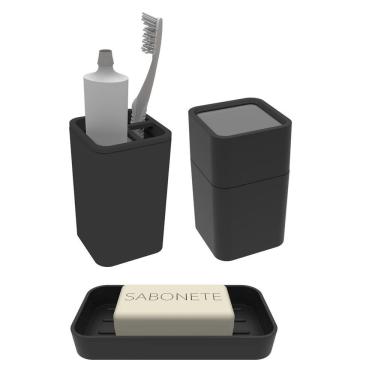 Imagem de Kit Banheiro 3 Peças Saboneteira Porta Escova Algodão Cotonete Preto - Soprano