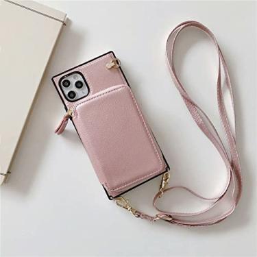 Imagem de Carteira de luxo com zíper estojo quadrado para iphone 13 11 12 pro max x xs xr mini 6 7 8 plus se2020 alça de couro titular capa de cartão, rosa, para iphone 7plus ou 8plus