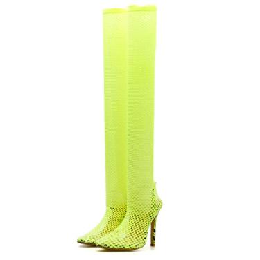 Imagem de Sandálias femininas femininas recortadas acima do joelho salto alto sexy bico fino malha stiletto salto alto botas longas diamante, Verde, 34 BR