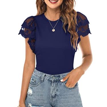 Imagem de Camisas femininas de renda gola careca manga curta camiseta verão cor sólida slim fit casual feminino(M-Azul arroxeado)