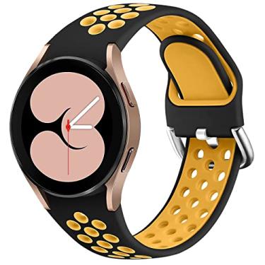 Imagem de Pulseira estilosa sem lacunas para Samsung Galaxy Watch 4 Band 40 mm 44 mm/Watch 4 pulseiras clássicas 42 mm 46 mm Furo Respiráveis Três Fias Respiráveis Pulseira de Silicone Ajustável Pulseira Esportiva Feminina Masculina, Preto Amarelo