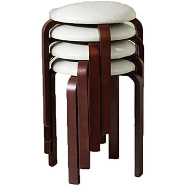 Imagem de KRASS Pacote com 6 banquetas de cadeira de jantar de madeira maciça banqueta redonda pode ser empilhada mesa de jantar pequena banco ou jantar/cozinha/casa, branco A, colecionador88