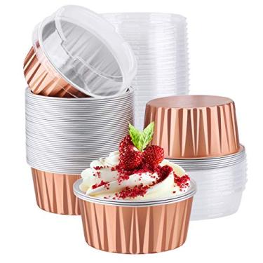 Imagem de Ramekins de alumínio, 50 peças Eusoar de 125 ml com tampas, suportes de forro de cupcake de alumínio, panelas de Ramekins de alumínio descartáveis, Rose Gold