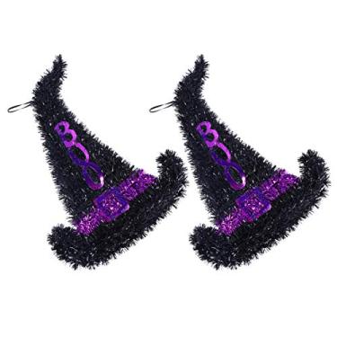 Imagem de Milisten 2 peças chapéu de bruxa pendurado tinsel halloween ornamento pendurado chapéu de bruxa halloween porta de parede teto janelas adereços decoração (preto)