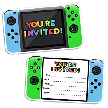 Imagem de Convites de festa de aniversário de videogame com envelopes, convites de preenchimento de festa de videogame, suprimentos de decorações de festa de videogame, brindes para meninos e crianças (pacote com 30)