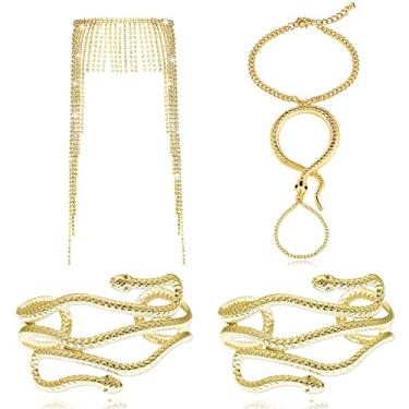 Imagem de 4 peças de acessórios de fantasia de Halloween egípcio borla egípcia strass acessório de cabeça cobra braço punho anel de dedo dourado e pulseira de corrente de mão para fantasia feminina, Liga e strass