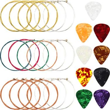 Imagem de 3 conjuntos de cordas de guitarra acústica de aço para substituição (ouro, latão, multicolorido) com 9 palhetas de guitarra celuloide 3 tamanhos para guitarra acústica elétrica iniciantes, artistas