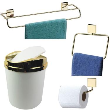 Imagem de Kit 4 Peças Banheiro Lixeira + Papeleira + Toalheiro Duplo + Argola Dourado - Future