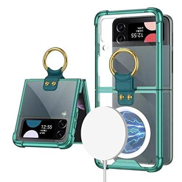Imagem de estojo magnético de carregamento sem fio para Samsung Z Flip 4 Suporte de anel transparente Capa rígida para Samsung Z Flip 3 5G, verde, para Samsung Z Flip 4