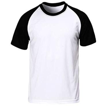 Imagem de Camiseta raglan branca basica poliester lisa sublimação top Tamanho:M;Cor:Preto com Branco