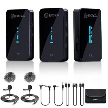 Imagem de BOYA Sistema de microfone de lapela sem fio de 2,4 GHz para câmera, telefone, filmadora DSLR, dois canais sem fio, microfone de lapela para gravação de vídeo, vlog no YouTube BY-XM6-S2