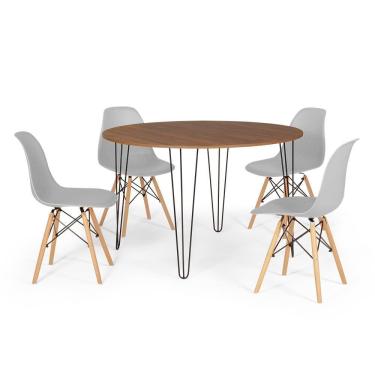Imagem de Conjunto Mesa de Jantar Redonda Hairpin 120cm Natural com 4 Cadeiras Eames Eiffel - Cinza