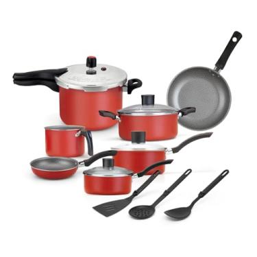 Imagem de CONJUNTO ENJOY 10 PCS COM PANELA DE PRESSÃO FECHAMENTO EXTERNO E ACESSORIOS AA VERMELHO