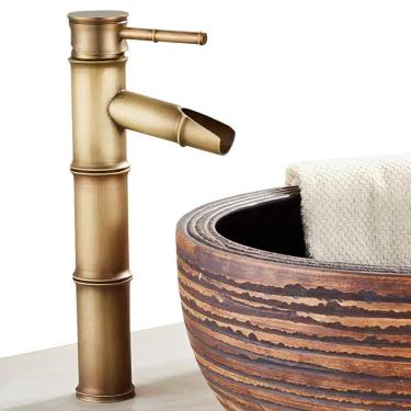 Imagem de Torneira de Bambu Vintage Retro Cobre Bronze Para Banheiro Cuba Pia Bancada Estilo Água Cascata Misturador Monocomando + Kit Instalação