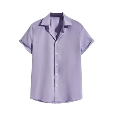 Imagem de Verdusa Camisa masculina de verão de manga curta lisa com colarinho de botão, Roxo lilás, M