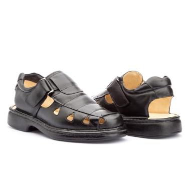 Imagem de Sandália Masculina Ortopédica Confort em Couro Macia Confortável Elegante (Preta, BR, Adulto, Numérico, 39)