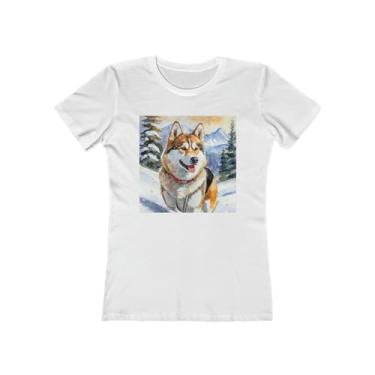 Imagem de Chinook 'Sled Dog' - Camiseta feminina justa de algodão torcido, Branco liso, 3G