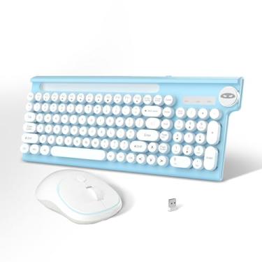 Imagem de Combo de teclado e mouse sem fio azul, MageGee 2,4 G USB 101 teclas, máquina de escrever para escritório, à prova d'água, fofo, redondo, retrô, teclado estético para computador, PC, desktops, laptop,