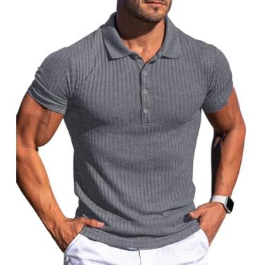 Imagem de Askdeer Camisas polo masculinas manga longa/curta slim fit camisas polo clássicas stretch camisetas de golfe, A09 Cinza escuro, M