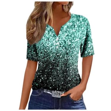 Imagem de Blusas femininas de verão 2024 da moda manga curta com estampa brilhante patchwork casual camisas com botão Henley gola V túnica blusas, Verde, P