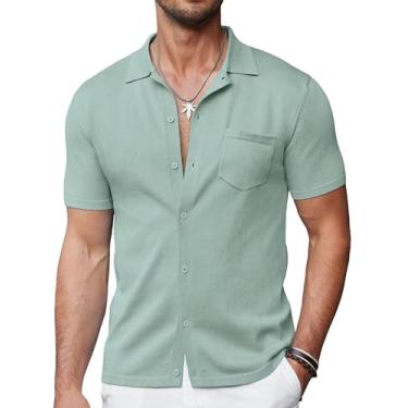 Imagem de COOFANDY Camisa masculina de malha de manga curta com botões e camisa polo vintage casual praia, Verde gelo, GG