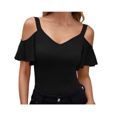 Imagem de AiZicheng Camisetas femininas com ombros de fora, frente única, mangas curtas, sexy, slim fit, Preto, XXG