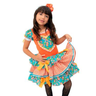 Imagem de Vestido Festa Junina Infantil Caipira Florido Abóbora +Tiara