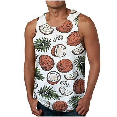 Imagem de Colete masculino estampado gola redonda para homens, sem mangas, esportivo, atlético, praia, havaiano, camiseta regata 2024, W-77 Branco, 3G