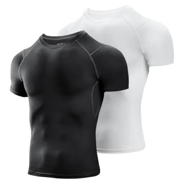 Imagem de Niksa Camisetas masculinas de compressão, pacote com 2, camisetas de compressão atlética de manga curta e secagem fresca, Preto, branco., GG