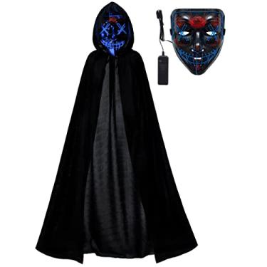 Imagem de Joy Join Kids Full Length Hooded Velvet Cloak Halloween Cape Costumes with Blue LED Light up Scary Mask (55"/140cm)