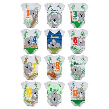 Imagem de Kit Body Bebê Mesversario Manga Curta Coalas 12 Bodies de 1 a 12 Meses