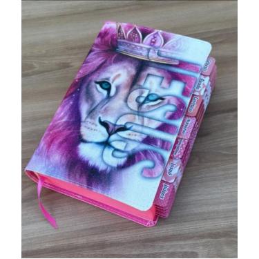 Imagem de Bíblia Glitter 100% Leão JESUS Pink com abas adesivas coladas - ARC - 