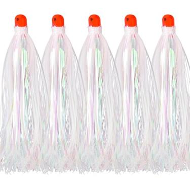 Imagem de Isca de pesca, 5 peças Mylar Flash Teaser Tail com cabeça de gabarito ponderada, tiras de 8,5 g Teaser Bucktail Teaser Trolling Saias de cabelo para água salgada água doce branco