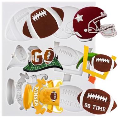 Imagem de MINFEIDMS Moldes de fondant de futebol tema esportivo decoração de bolo molde de silicone capacete troféu de futebol molde de chocolate para decoração de bolo topo de cupcake pasta de chiclete doce